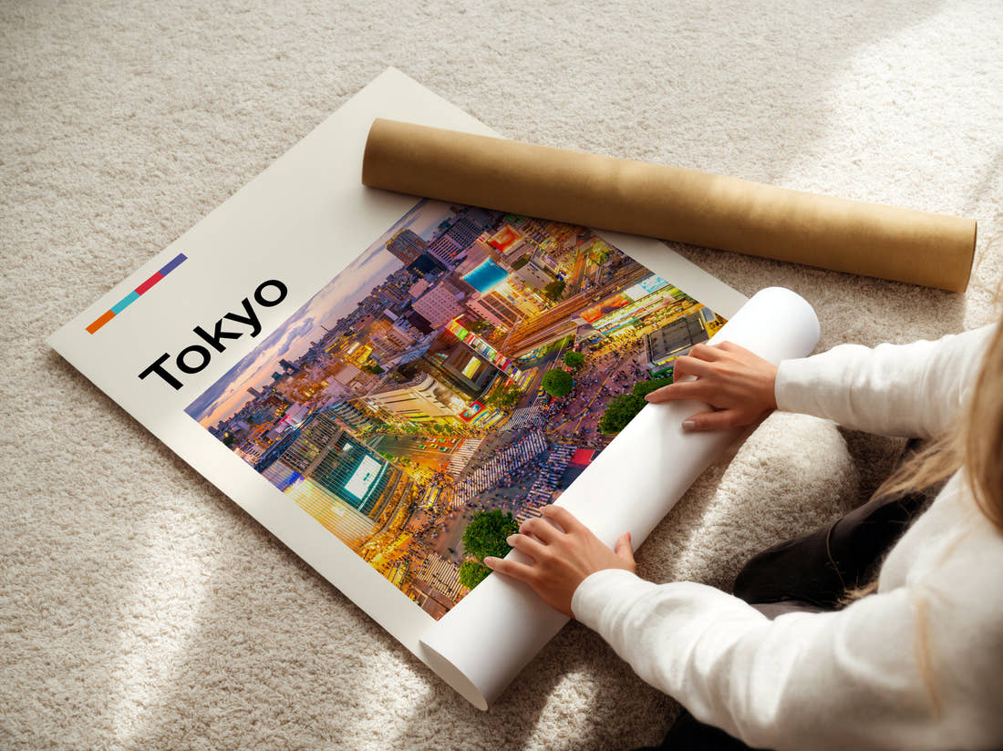 Tokyo Shibuya Crossing Travel Print being unrolled from its postal tube