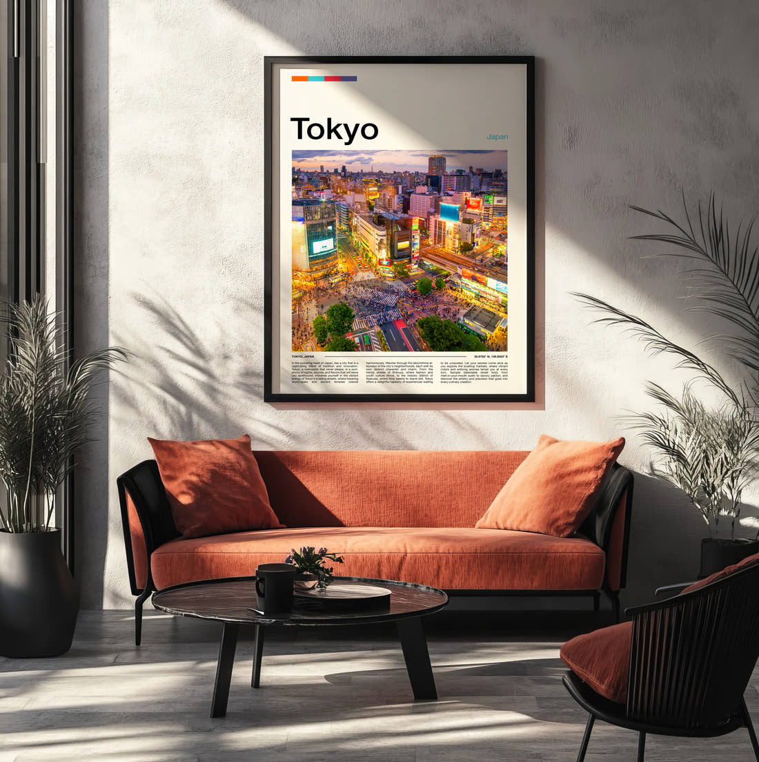 Tokyo Shibuya Crossing Travel Print framed on the wall of a modern living room