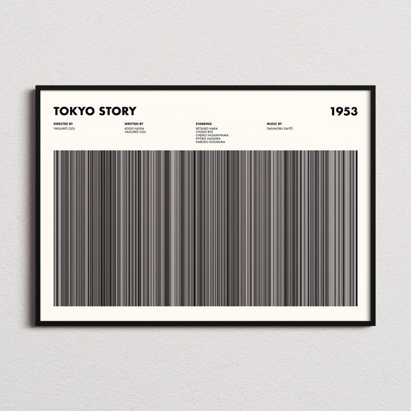 Tokyo Story Movie Barcode Poster framed and photographed straight on