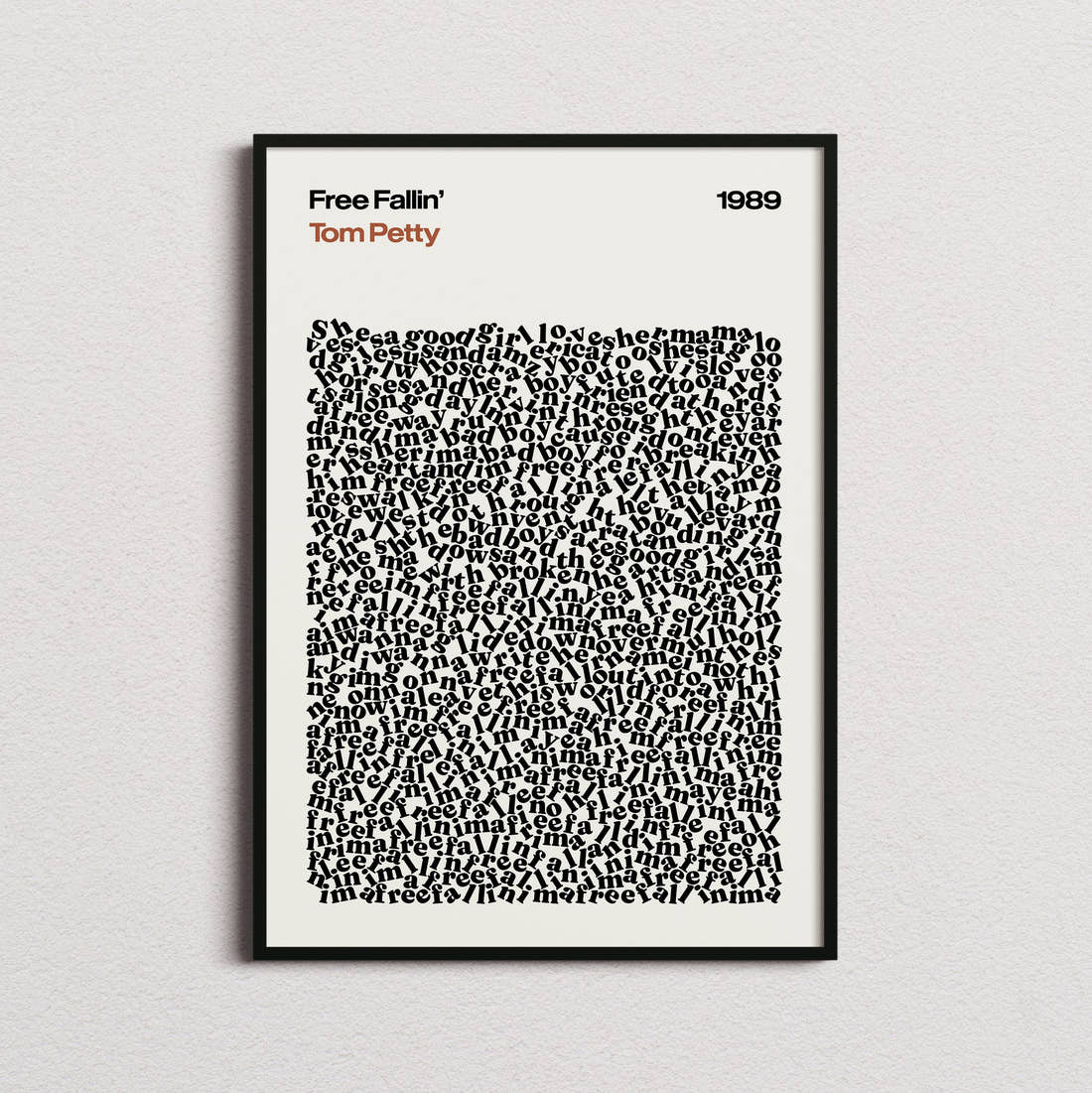 Tom Petty Free Fallin' Lyric Print in the cream colourway, framed