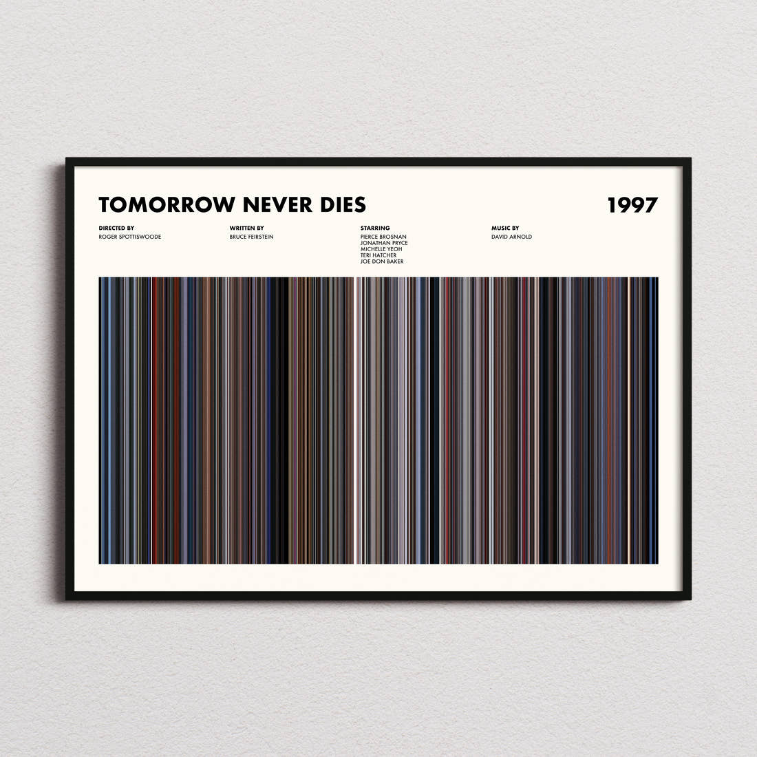 Tomorrow Never Dies Movie Barcode Poster framed and photographed straight on
