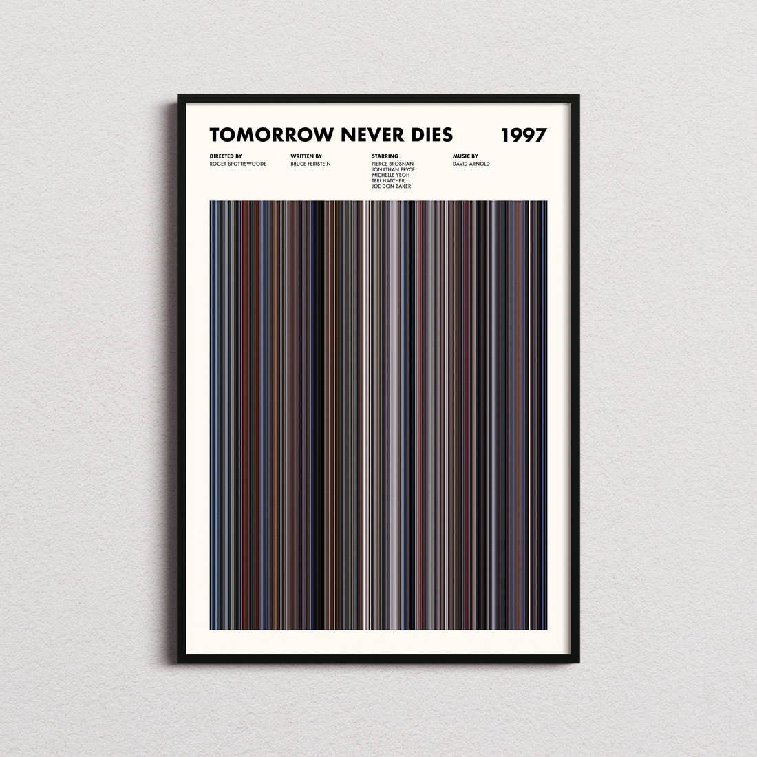 Tomorrow Never Dies Movie Barcode Poster framed on a plain studio wall