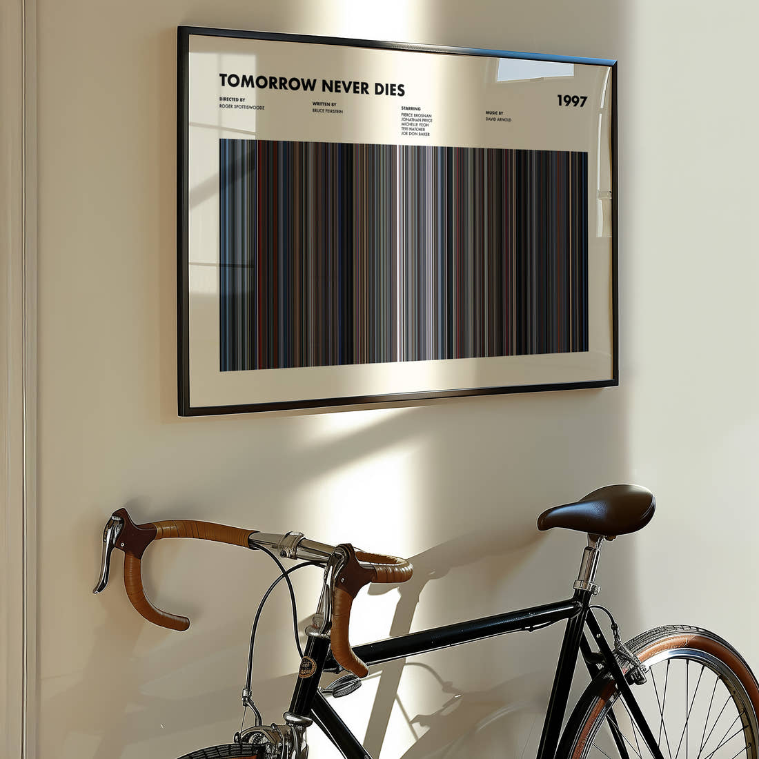 Tomorrow Never Dies Movie Barcode Poster framed on the wall of a styled room setting