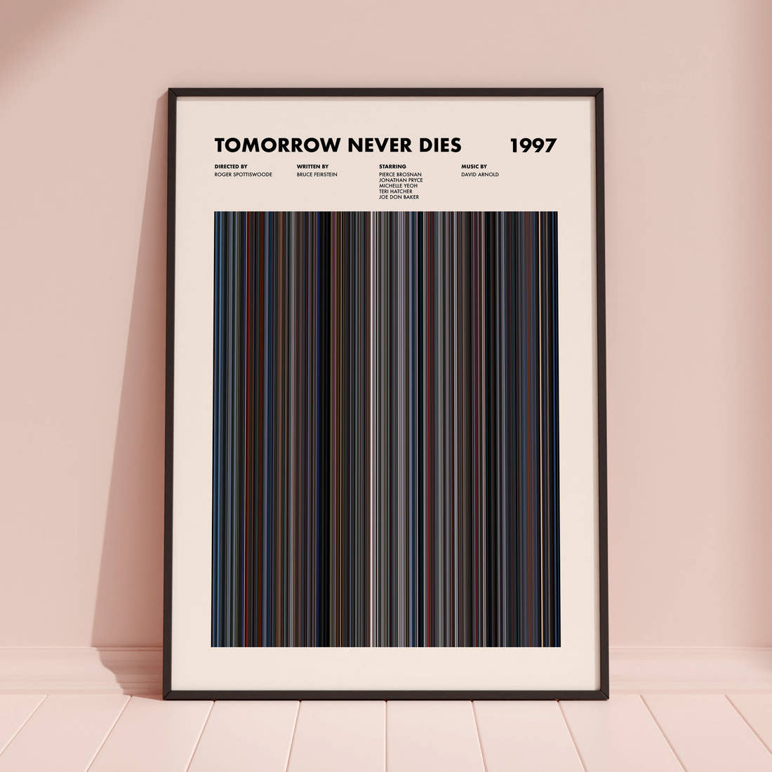 Tomorrow Never Dies Movie Barcode Poster framed and leaning against a coloured wall