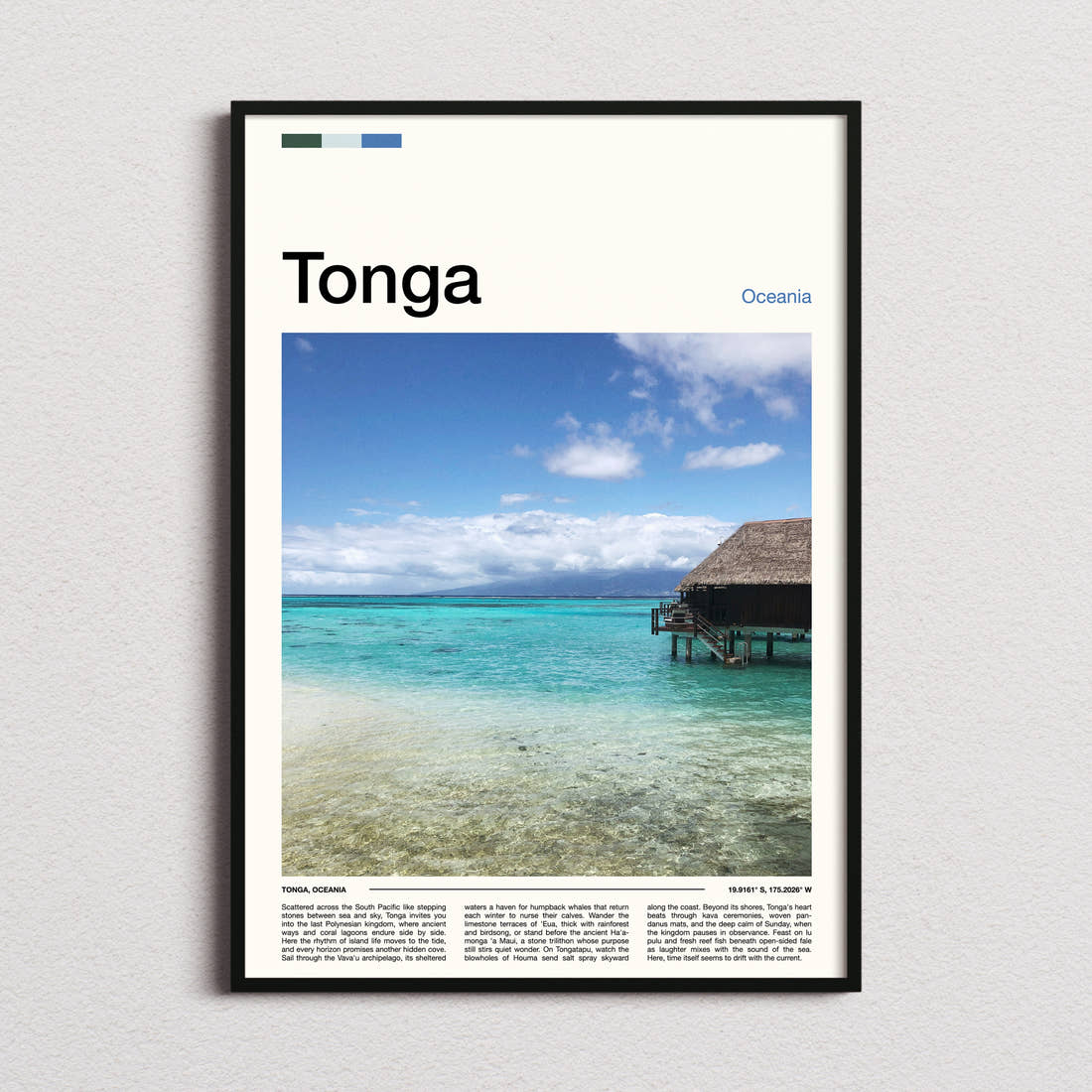 Tonga Overwater Bungalow, Lagoon Travel Print framed and photographed straight on