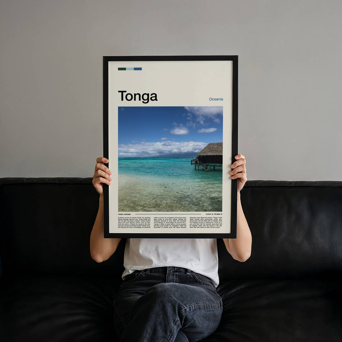 Tonga Overwater Bungalow, Lagoon Travel Print held up by hand to show the size of the print