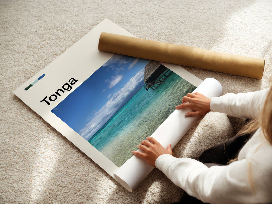 Tonga Overwater Bungalow, Lagoon Travel Print being unrolled from its postal tube