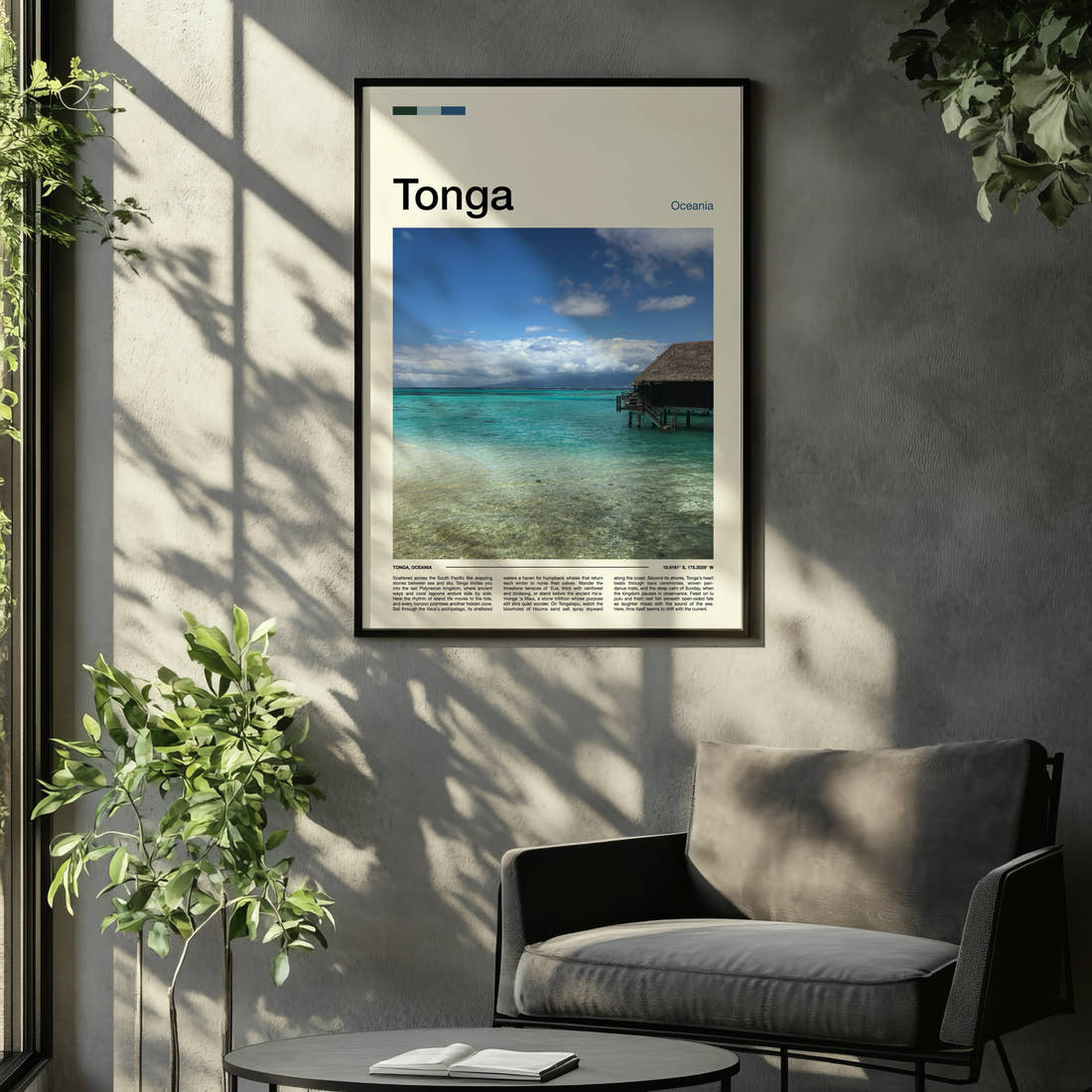 Tonga Overwater Bungalow, Lagoon Travel Print framed on the wall of a relaxed living room