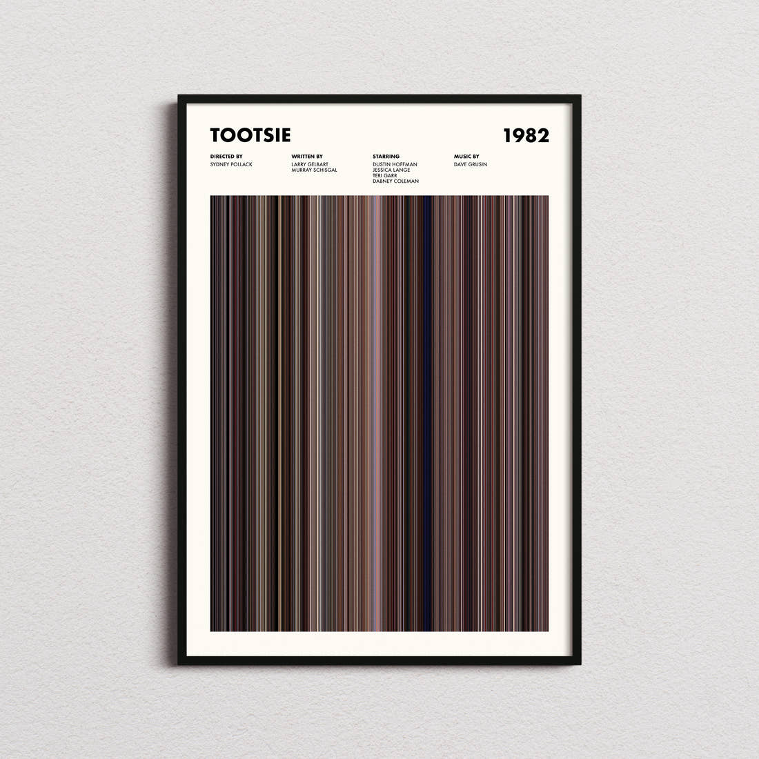 Tootsie Movie Barcode Poster framed on a plain studio wall