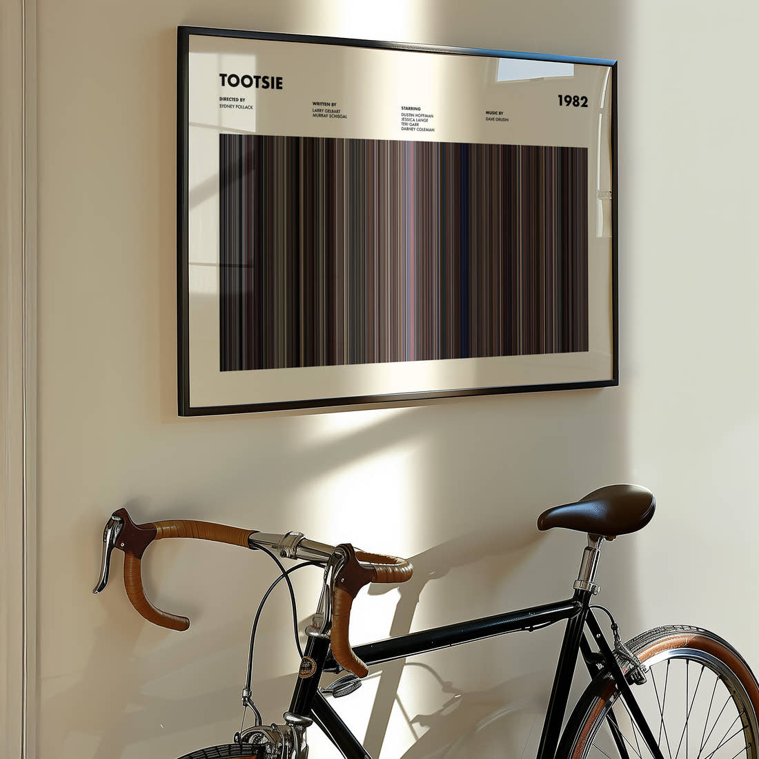 Tootsie Movie Barcode Poster framed on the wall of a styled room setting