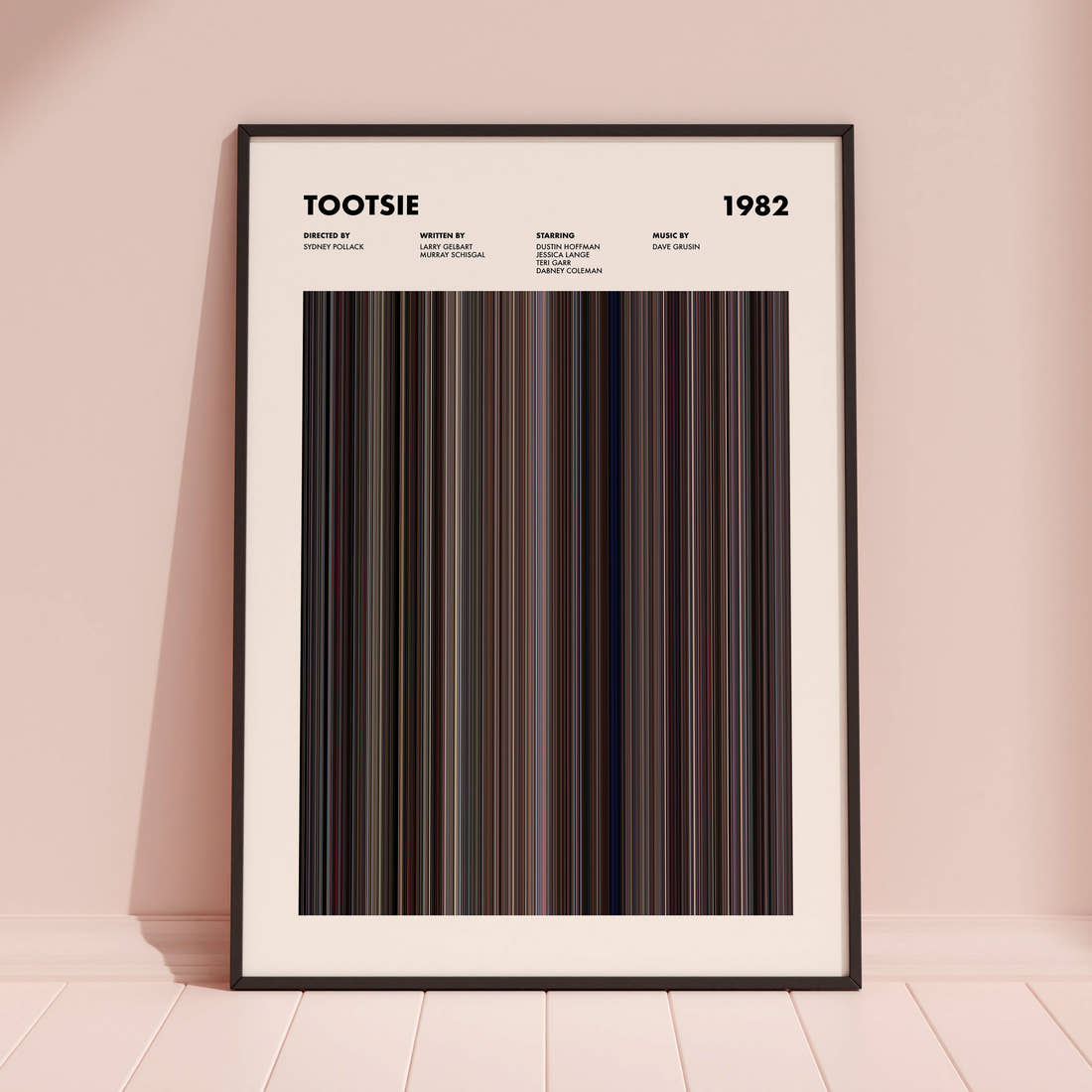 Tootsie Movie Barcode Poster framed and leaning against a coloured wall