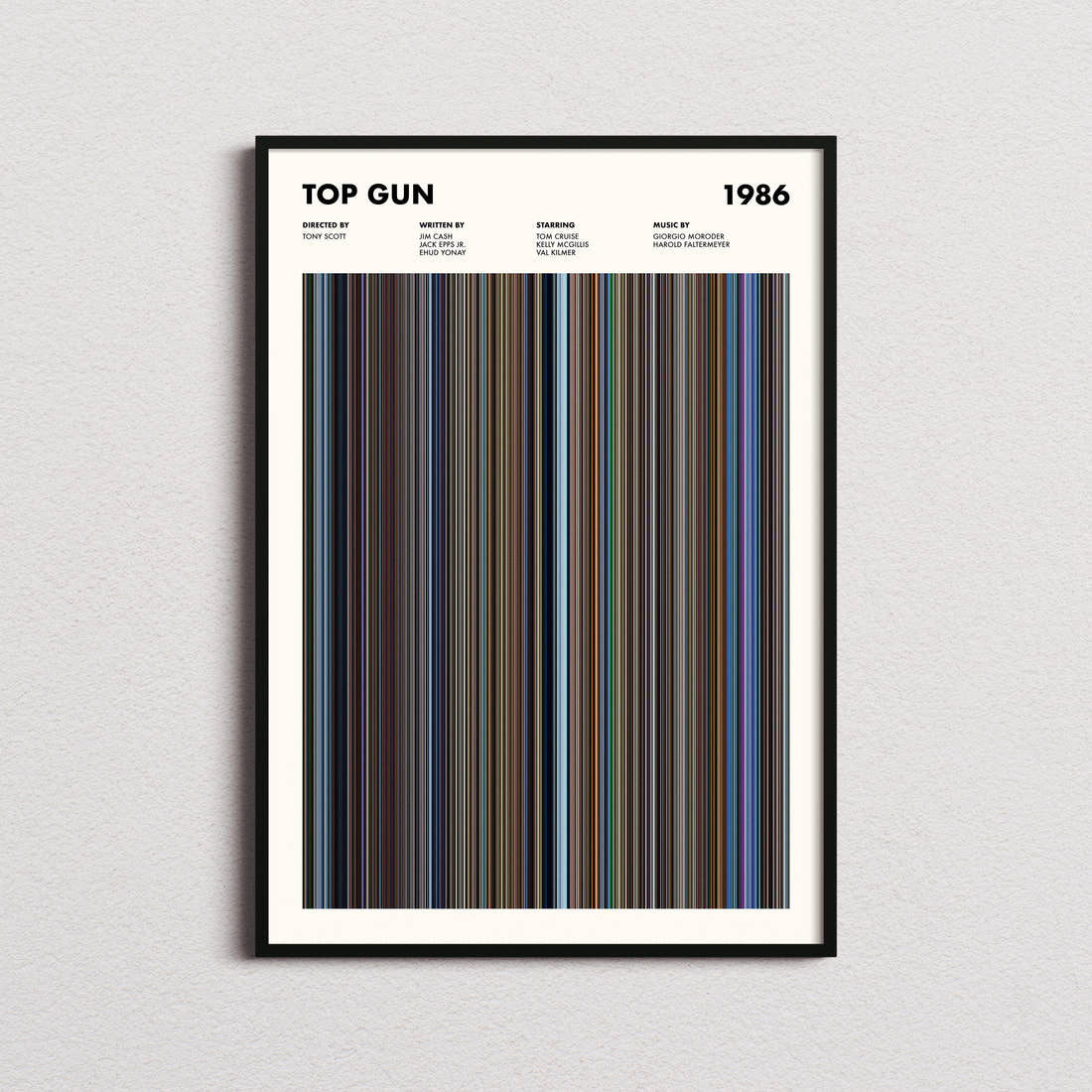 Top Gun Movie Barcode Poster framed on a plain studio wall