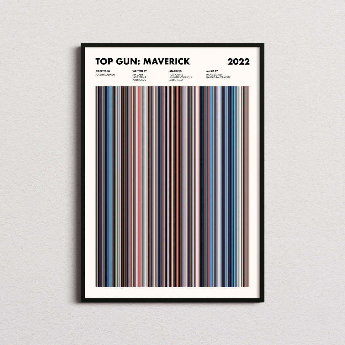 Top Gun: Maverick Movie Barcode Poster framed on a plain studio wall
