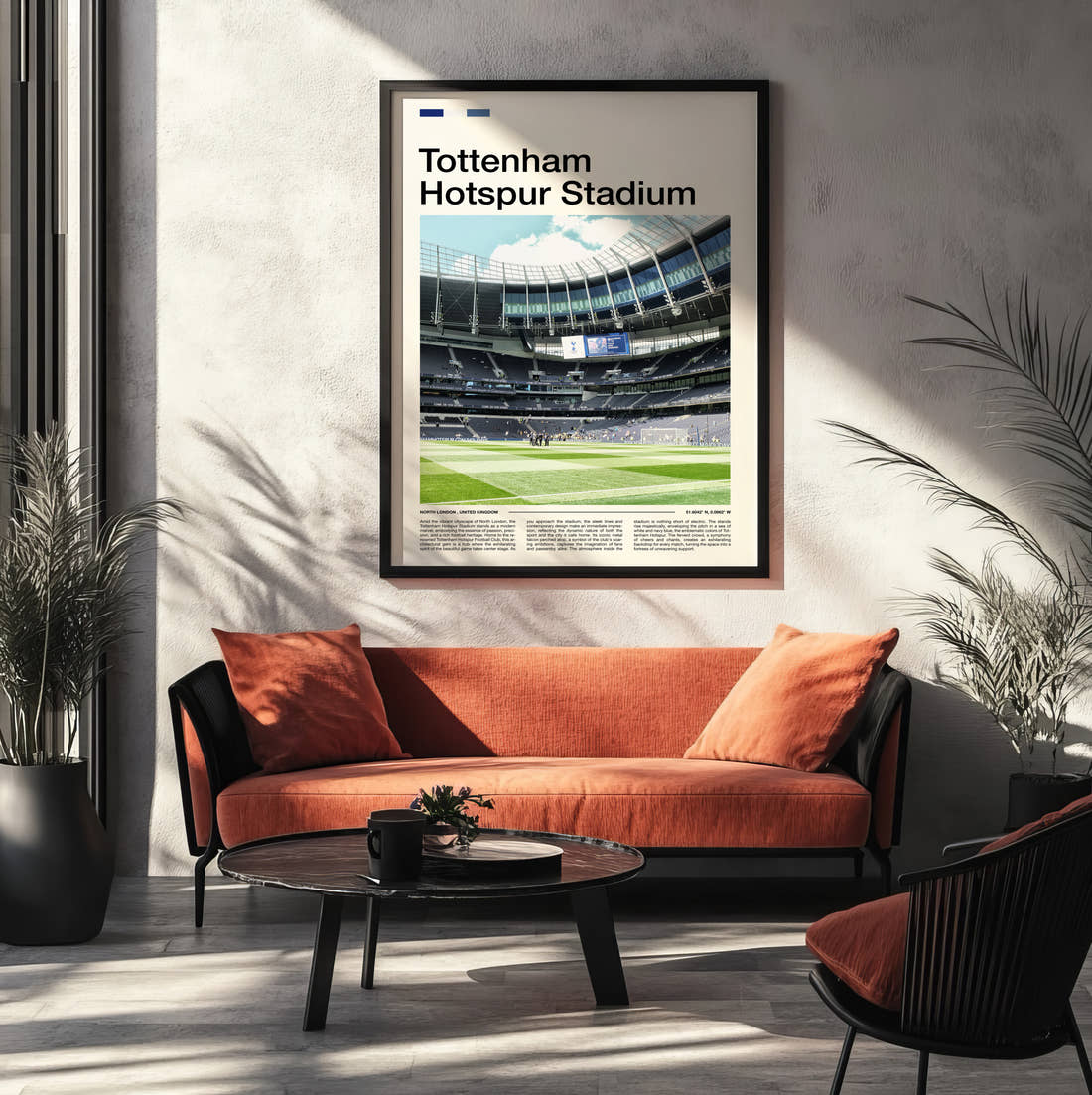 Tottenham Hotspur Stadium Print framed on the wall of a modern living room