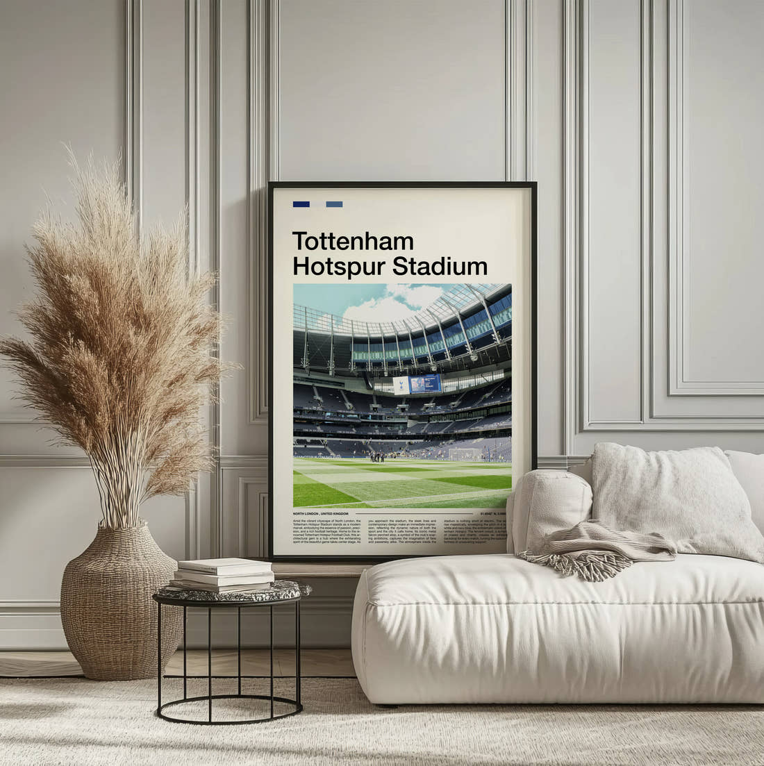 Tottenham Hotspur Stadium Print framed on the wall of a calm, neutral bedroom