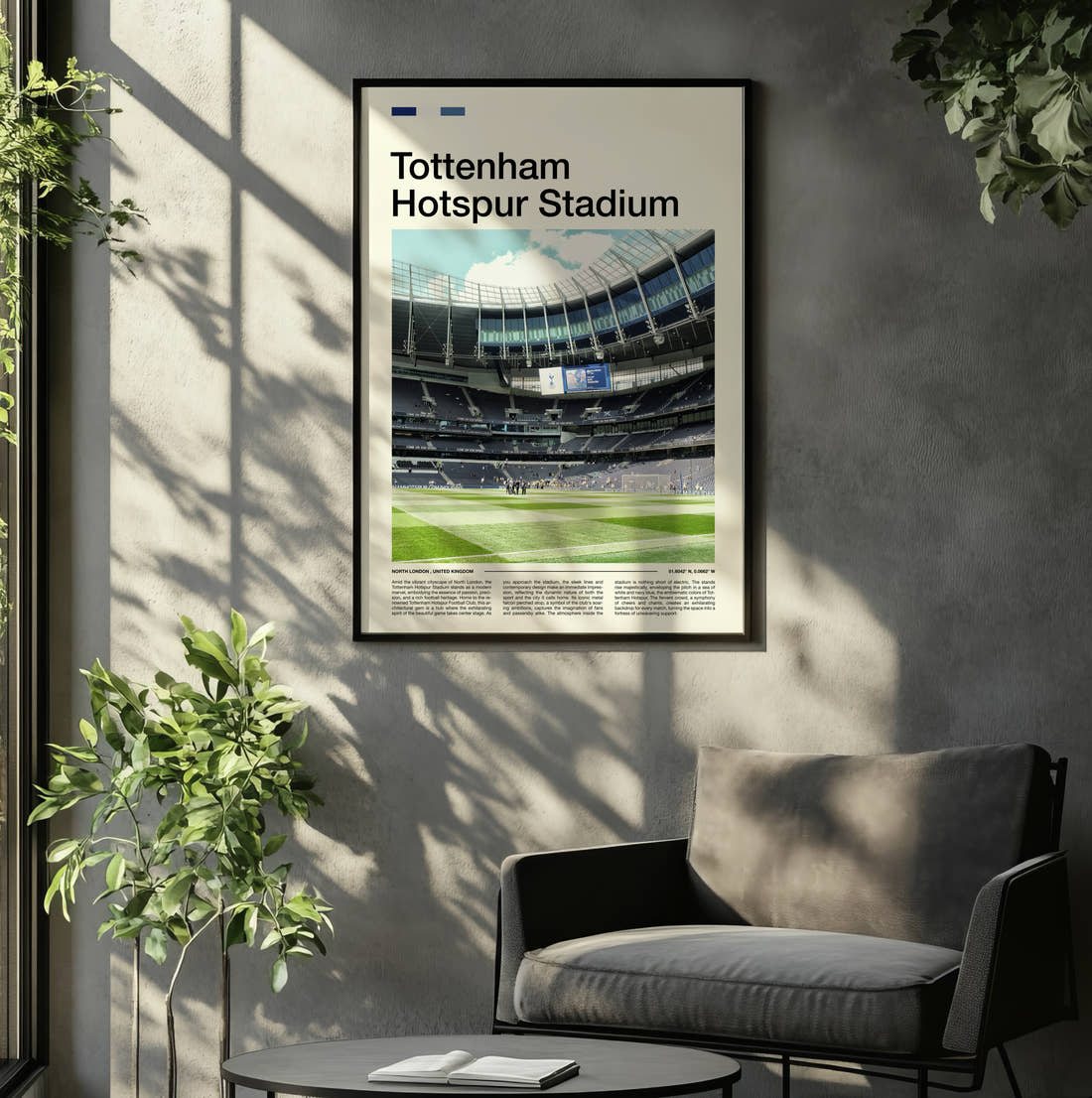 Tottenham Hotspur Stadium Print framed on the wall of a relaxed living room