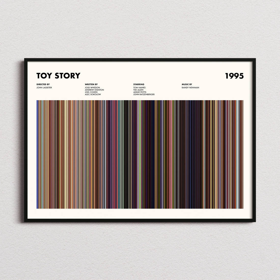 Toy Story Movie Barcode Poster framed and photographed straight on