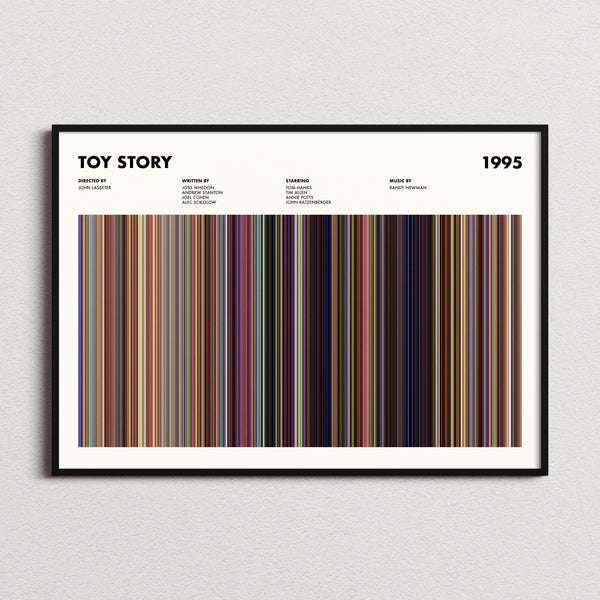 Toy Story Movie Barcode Poster framed and photographed straight on