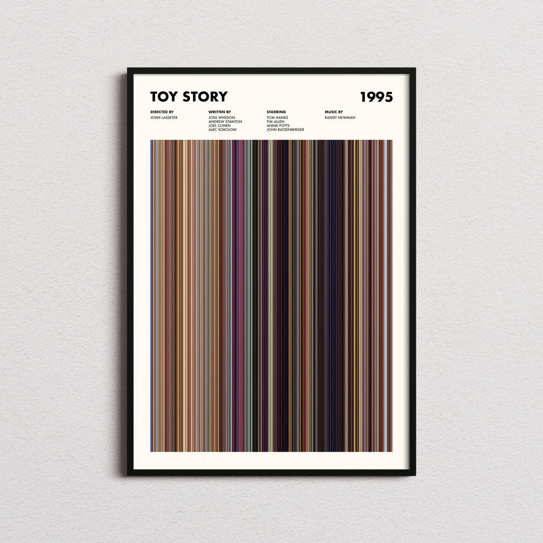 Toy Story Movie Barcode Poster framed on a plain studio wall