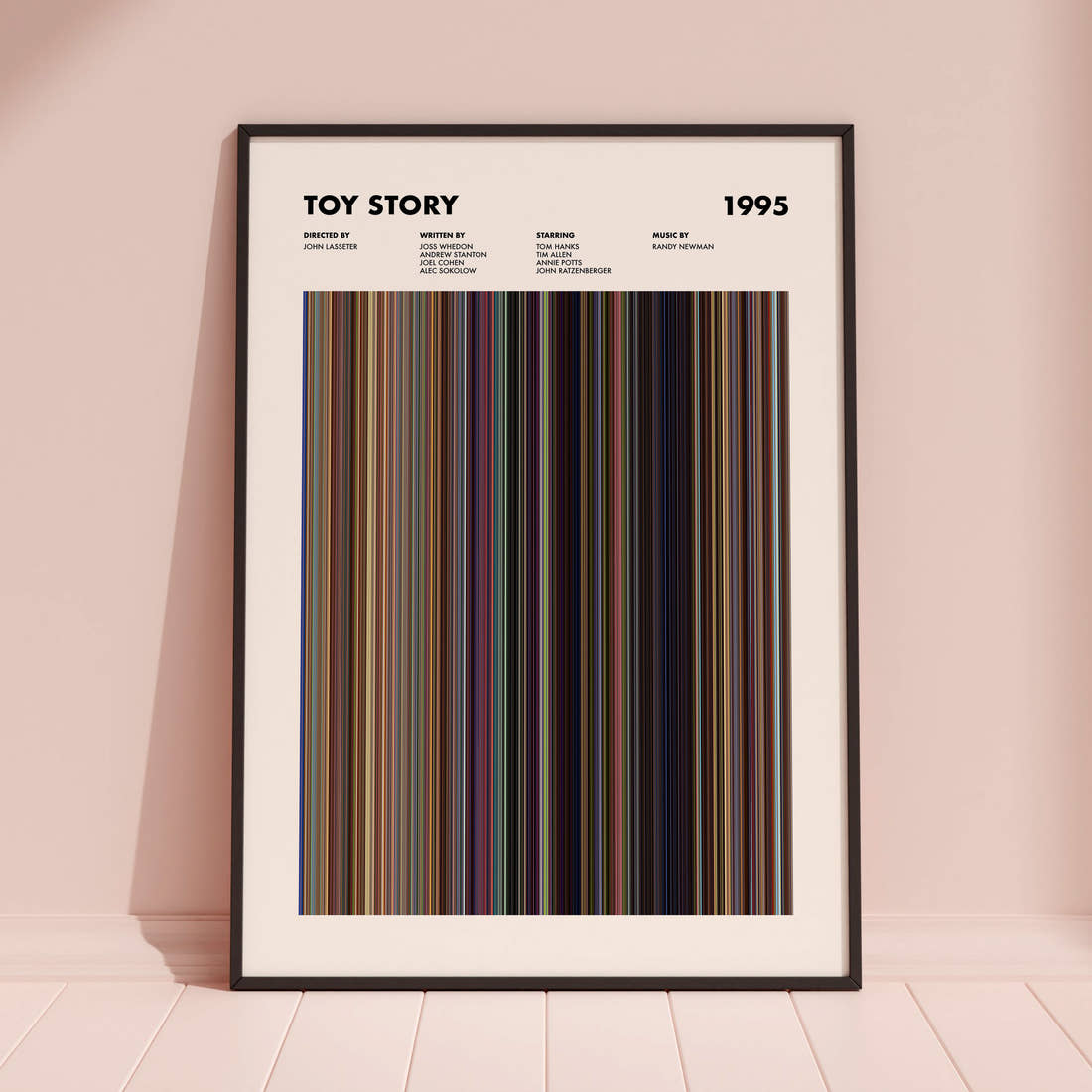 Toy Story Movie Barcode Poster framed and leaning against a coloured wall