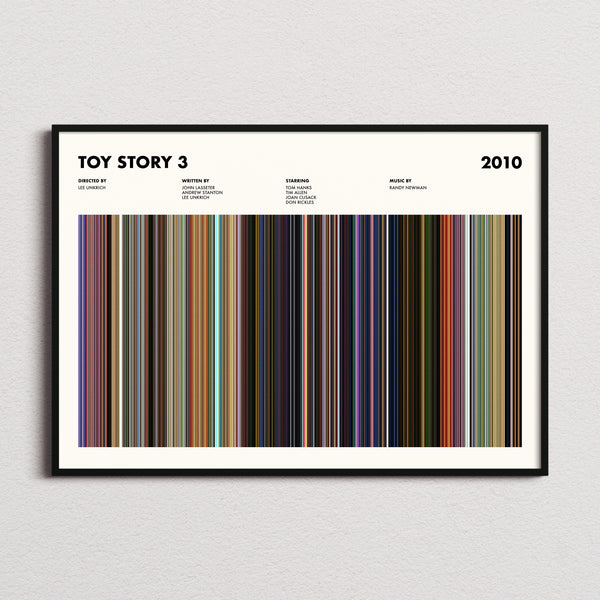Toy Story 3 Movie Barcode Poster framed and photographed straight on
