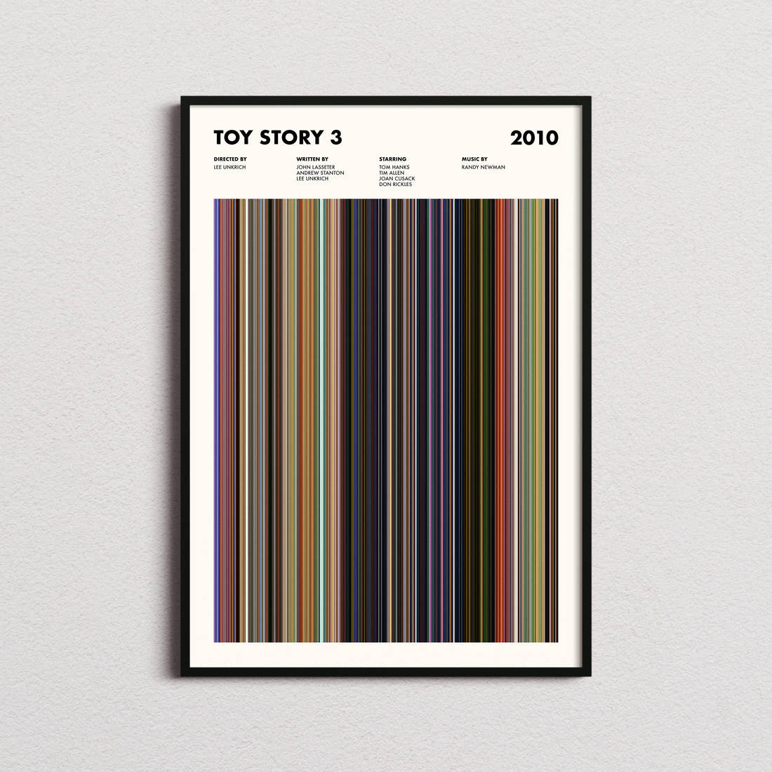 Toy Story 3 Movie Barcode Poster framed on a plain studio wall