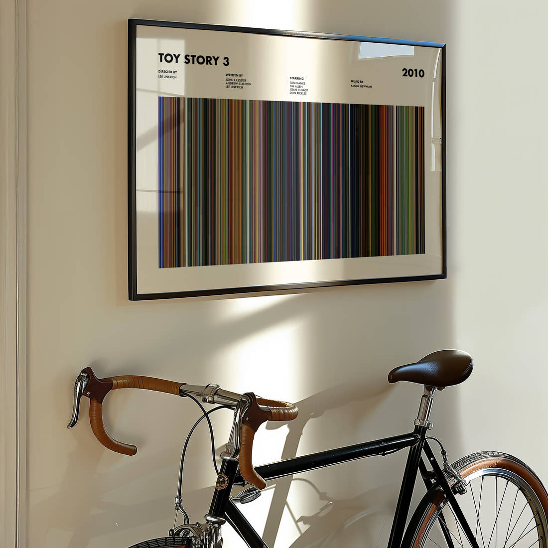 Toy Story 3 Movie Barcode Poster framed on the wall of a styled room setting
