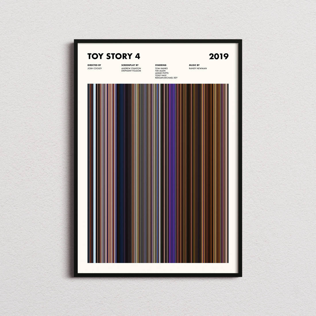 Toy Story 4 Movie Barcode Poster framed on a plain studio wall