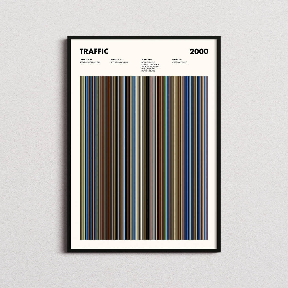 Traffic Movie Barcode Poster framed on a plain studio wall