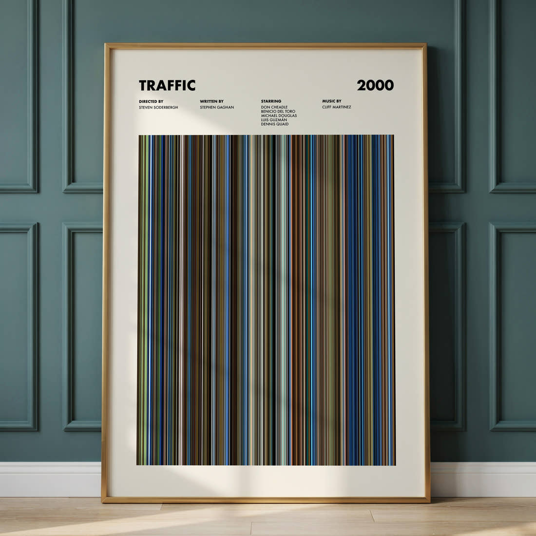 Traffic Movie Barcode Poster framed and leaning against a panelled wall