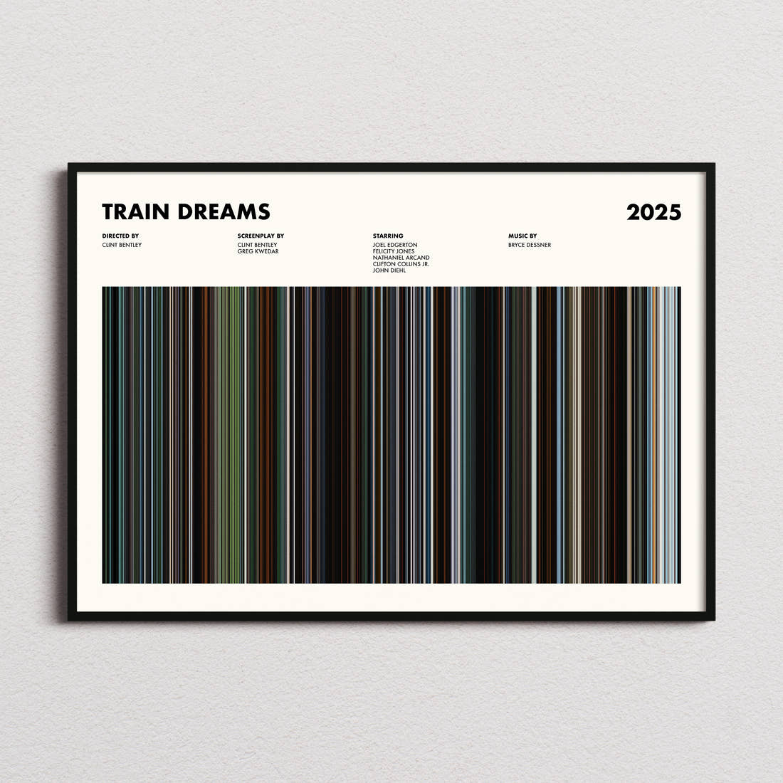 Train Dreams Movie Barcode Poster framed and photographed straight on