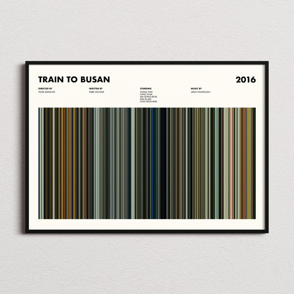 Train to Busan Movie Barcode Poster framed and photographed straight on