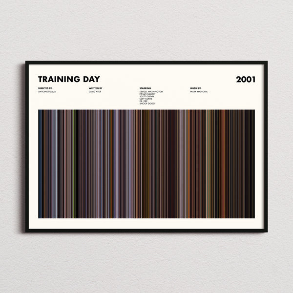 Training Day Movie Barcode Poster framed and photographed straight on