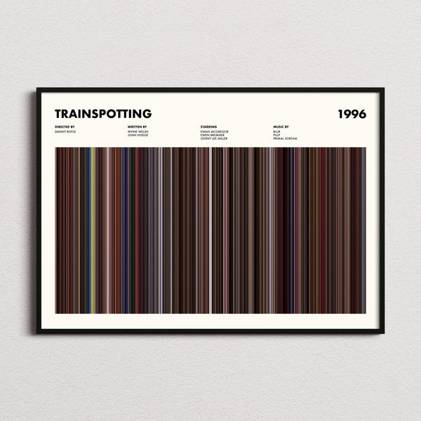 Trainspotting Movie Barcode Poster framed and photographed straight on