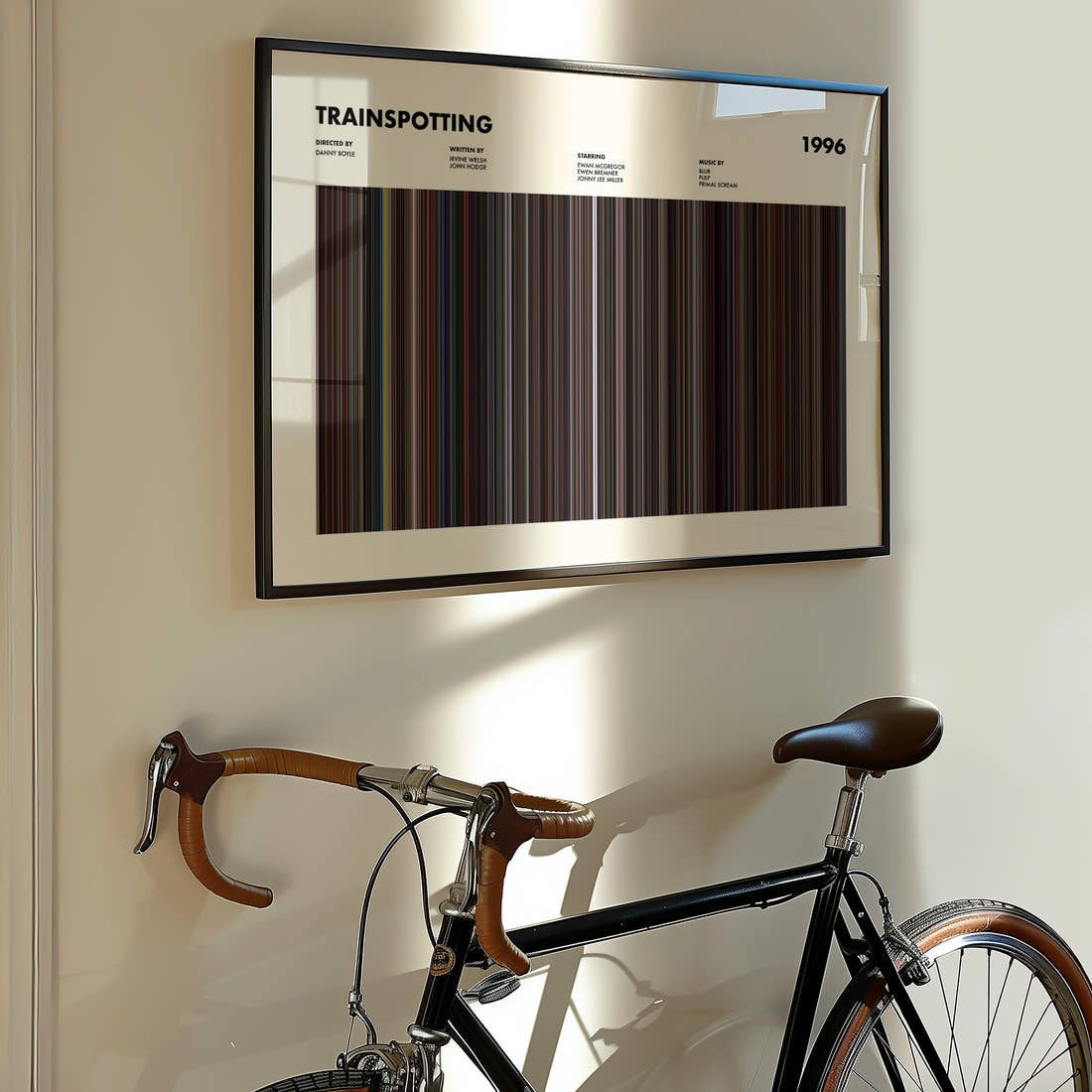 Trainspotting Movie Barcode Poster framed on the wall of a styled room setting