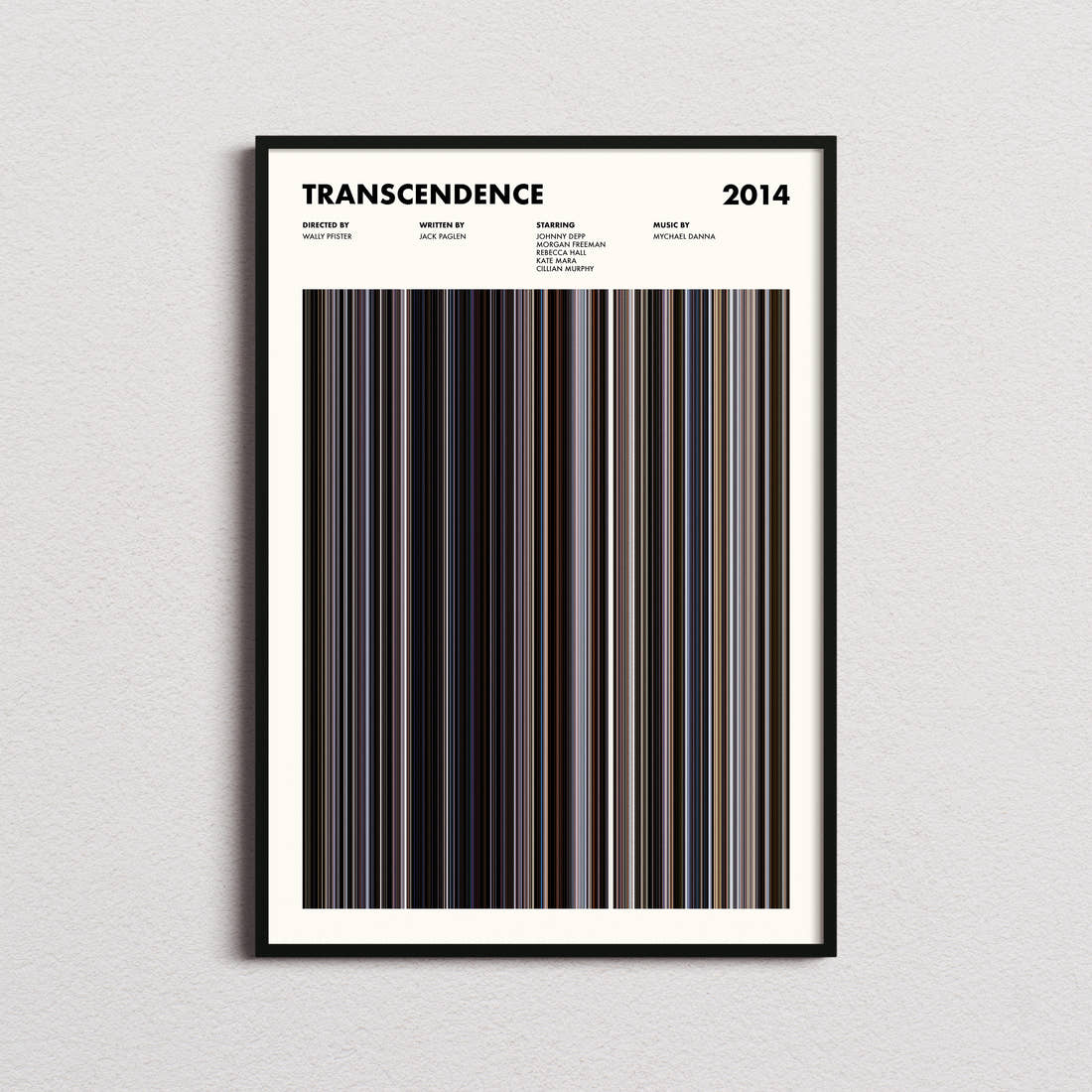 Transcendence Movie Barcode Poster framed on a plain studio wall