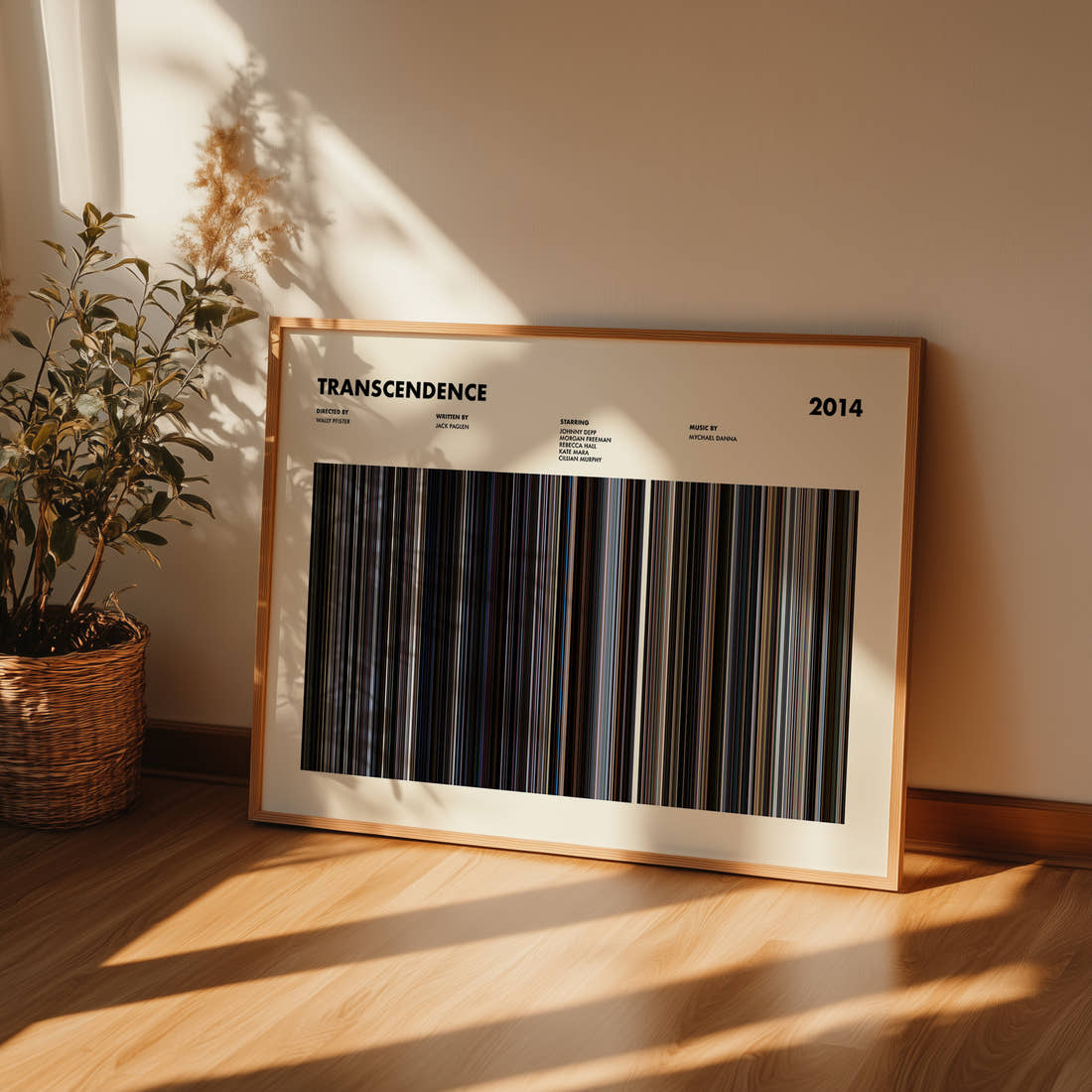 Transcendence Movie Barcode Poster framed and leaning against a wall on a wooden floor