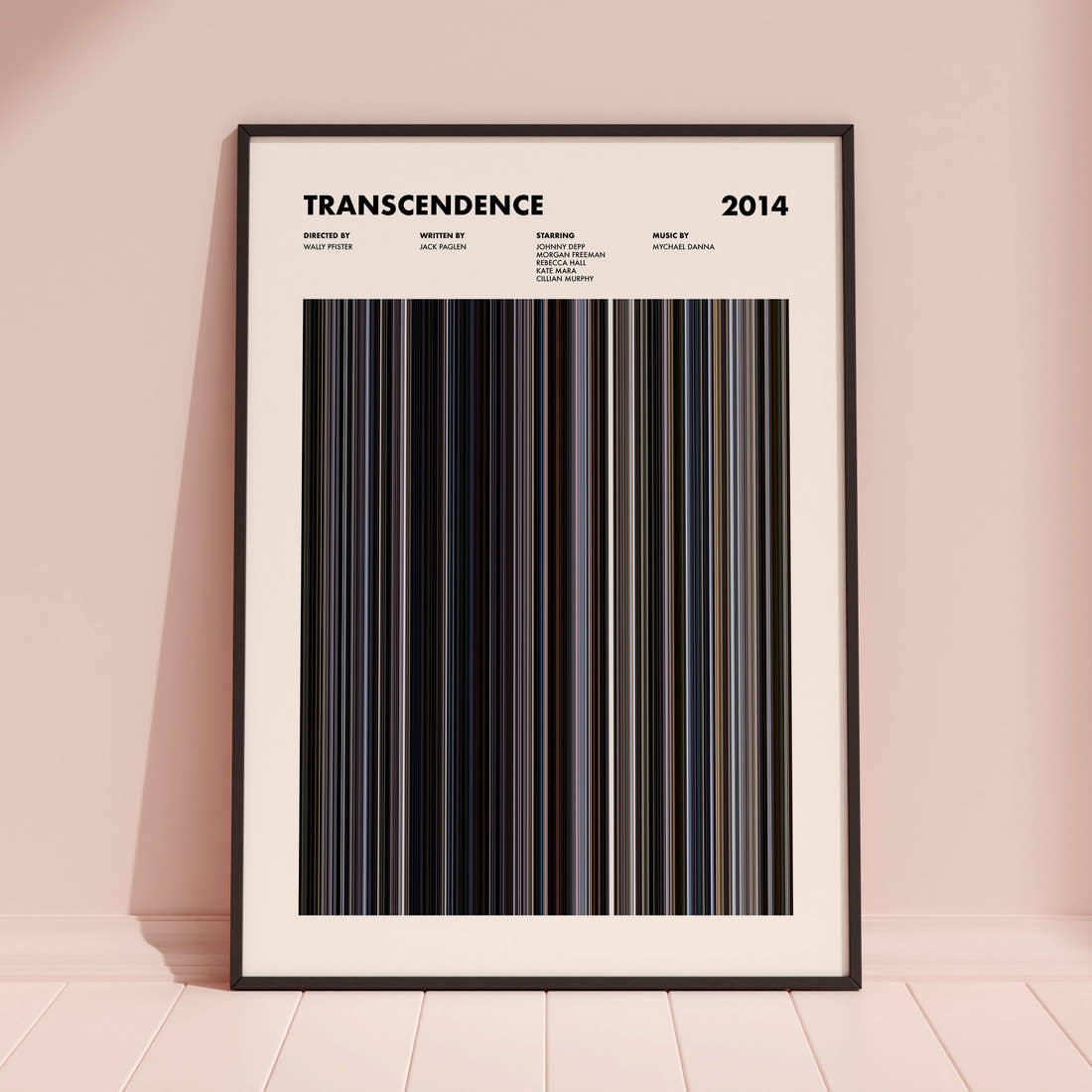 Transcendence Movie Barcode Poster framed and leaning against a coloured wall