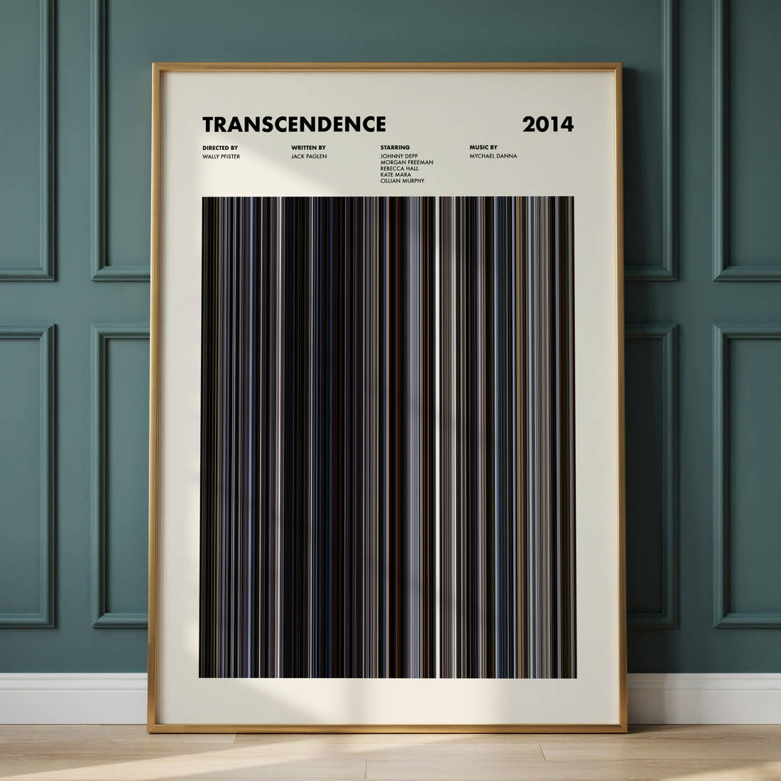 Transcendence Movie Barcode Poster framed and leaning against a panelled wall