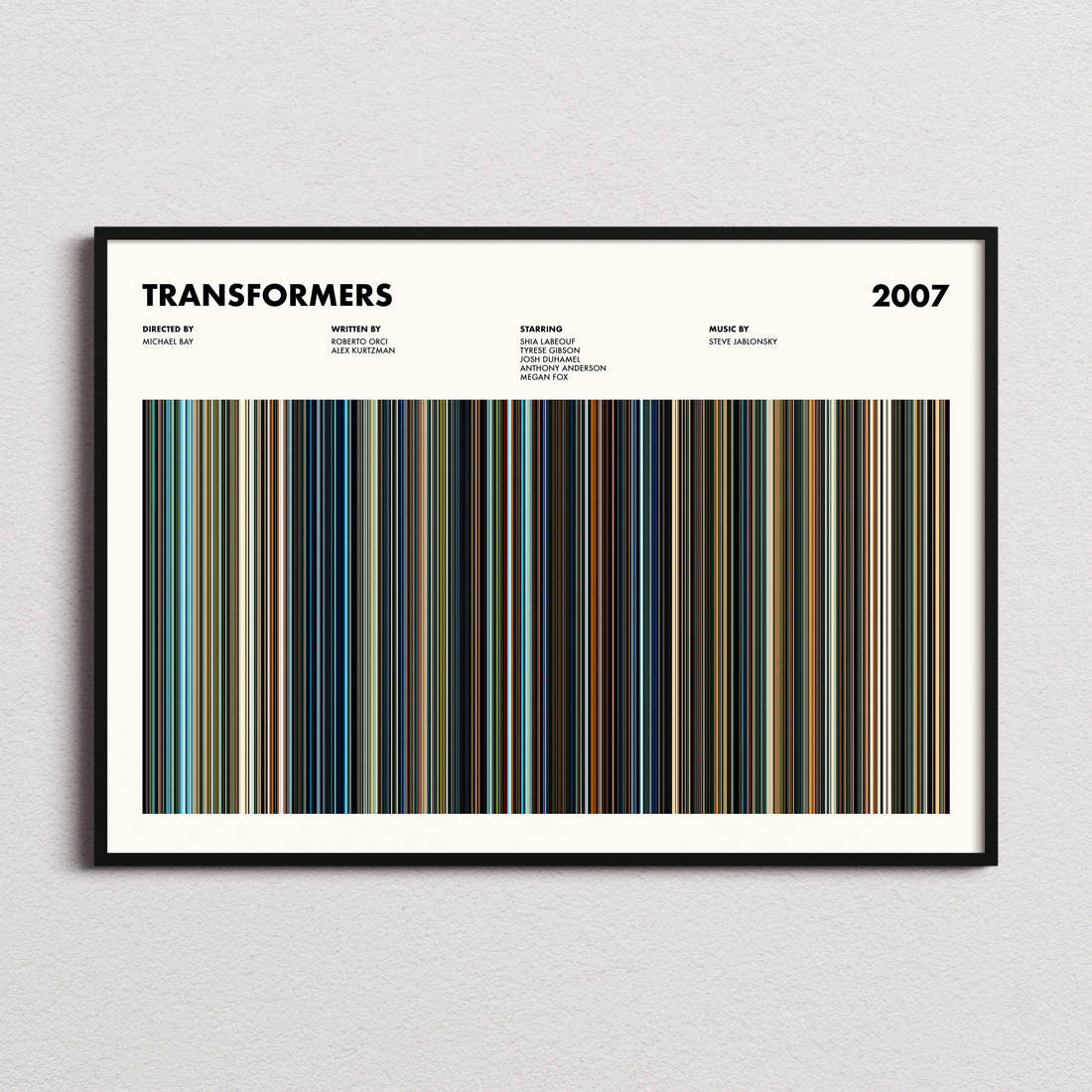 Transformers 2007 Movie Barcode Poster framed and photographed straight on