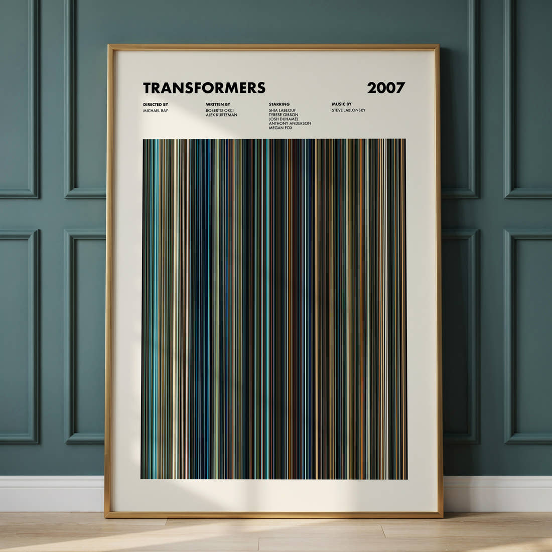 Transformers 2007 Movie Barcode Poster framed and leaning against a panelled wall