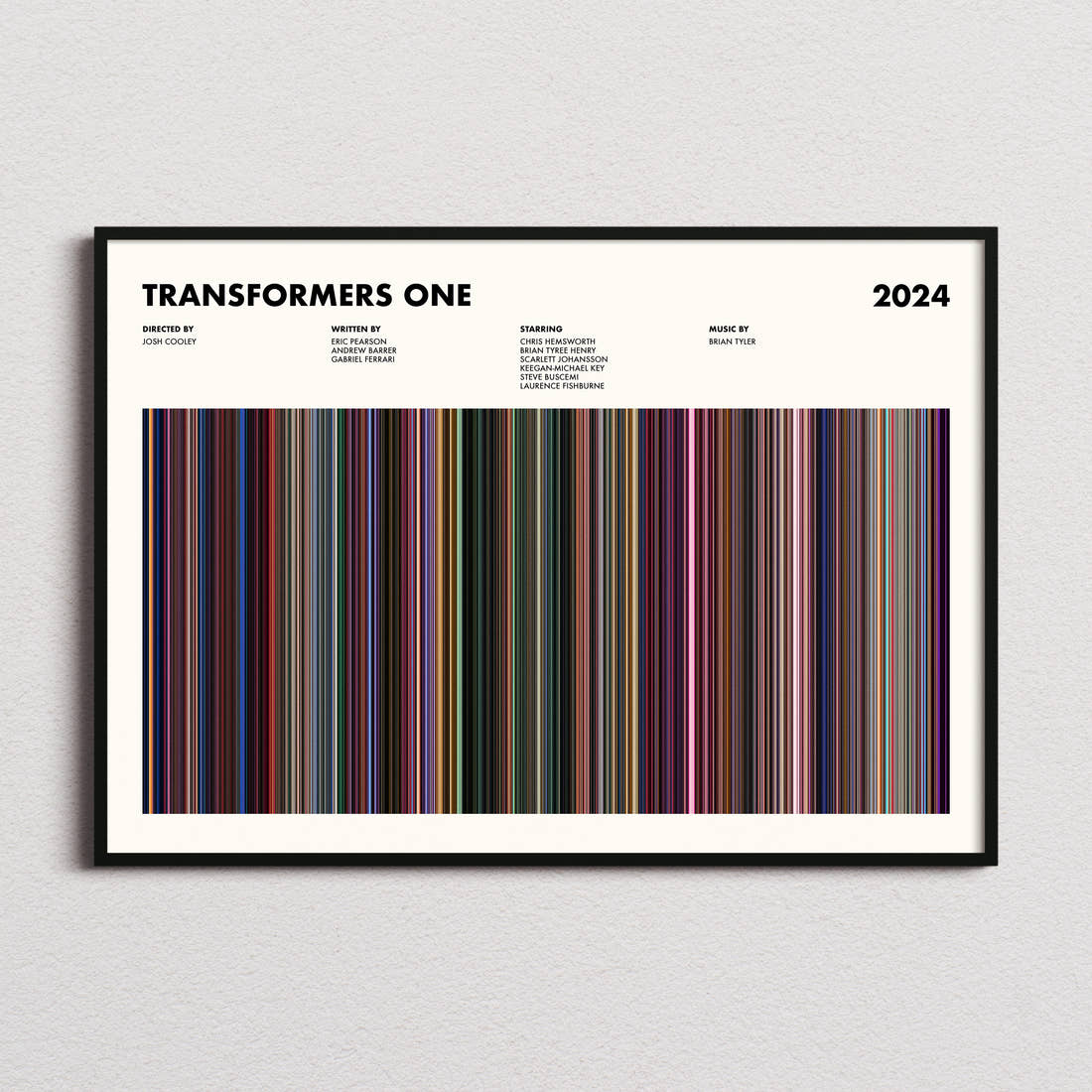 Transformers One Movie Barcode Poster framed and photographed straight on