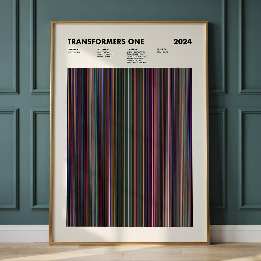 Transformers One Movie Barcode Poster framed and leaning against a panelled wall