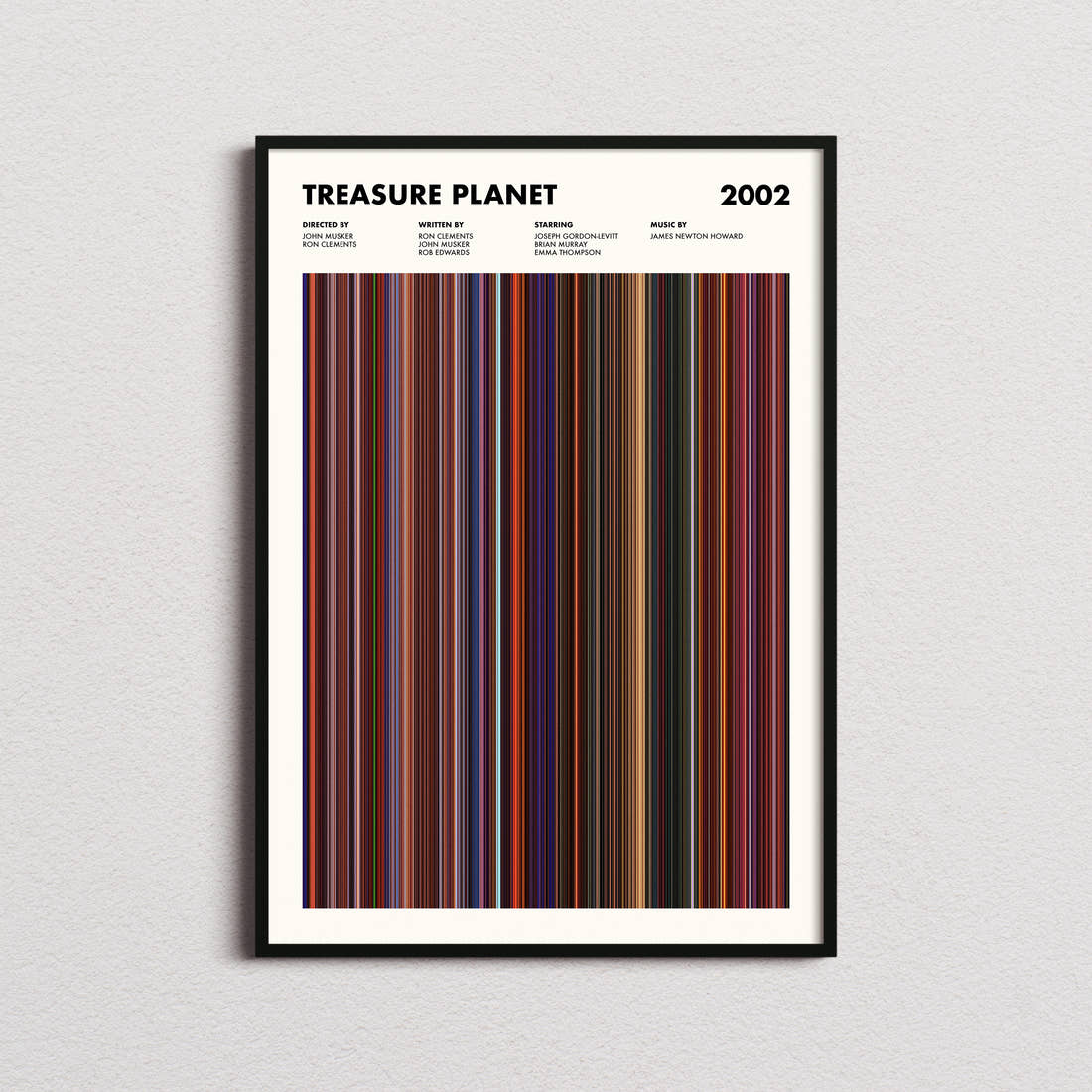 Treasure Planet Movie Barcode Poster framed on a plain studio wall