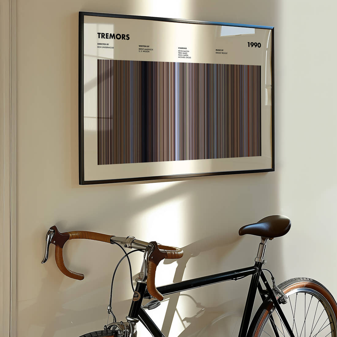 Tremors Movie Barcode Poster framed on the wall of a styled room setting