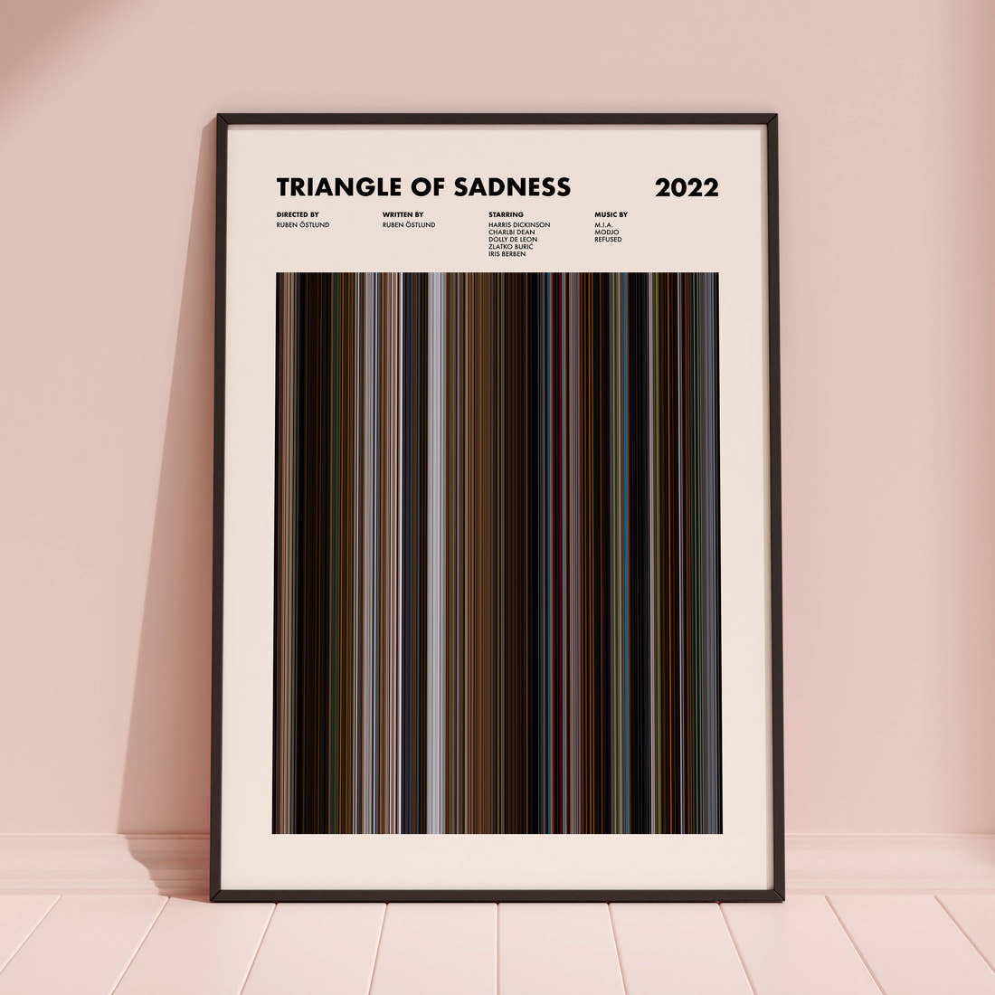 Triangle of Sadness Movie Barcode Poster framed and leaning against a coloured wall