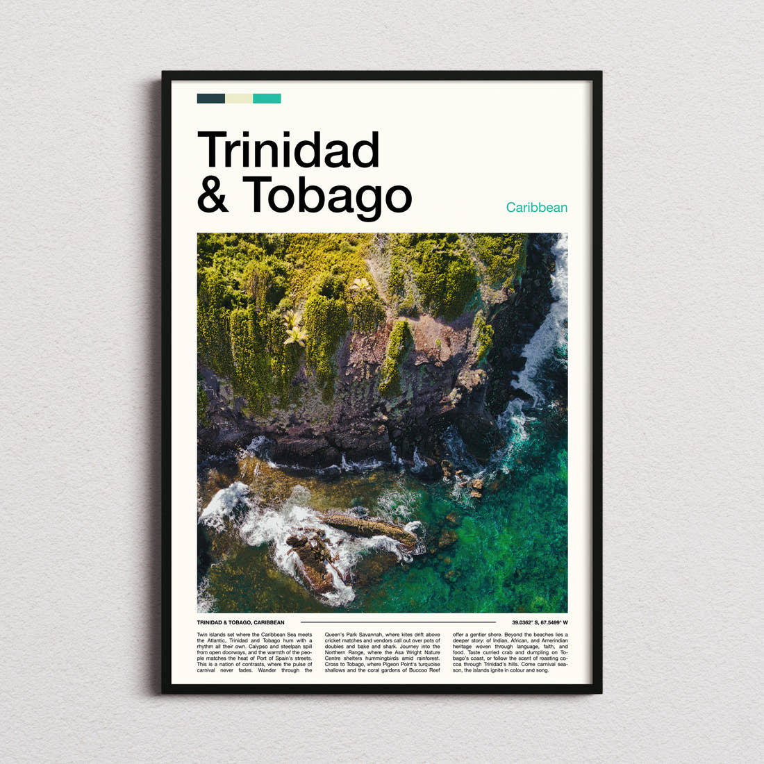 Trinidad & Tobago Rainforest Coastline Aerial Travel Print framed and photographed straight on