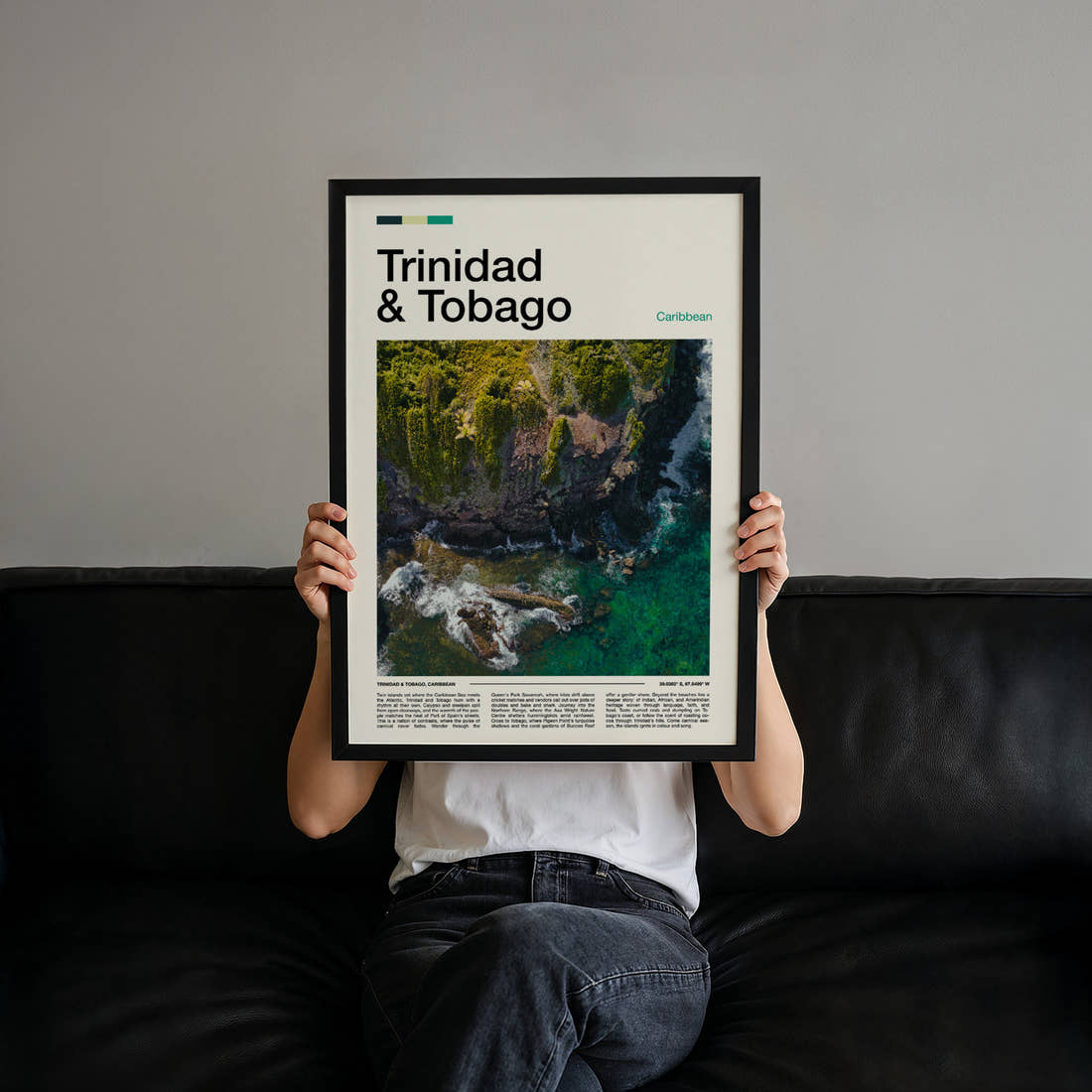 Trinidad & Tobago Rainforest Coastline Aerial Travel Print held up by hand to show the size of the print