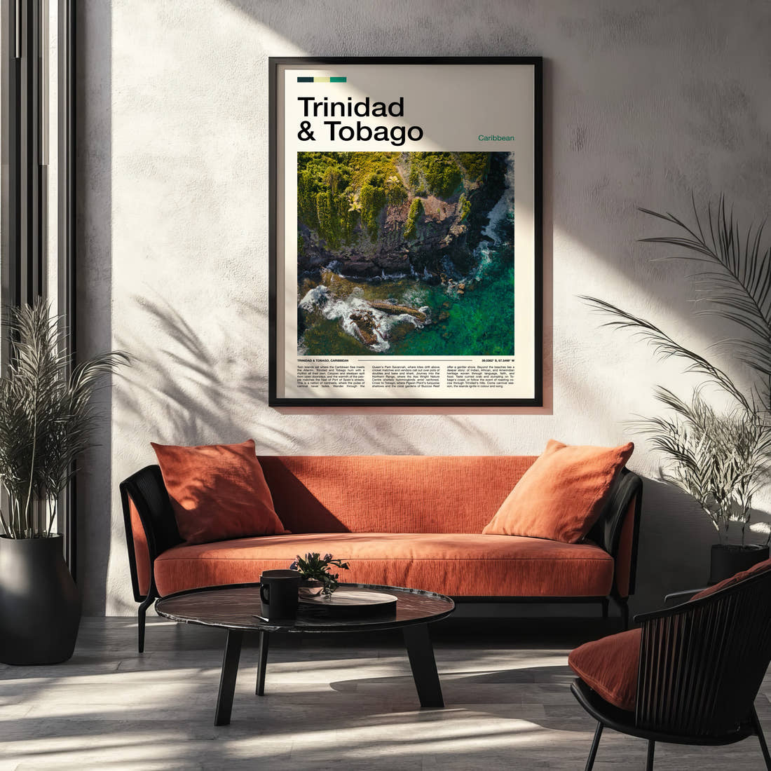 Trinidad & Tobago Rainforest Coastline Aerial Travel Print framed on the wall of a modern living room