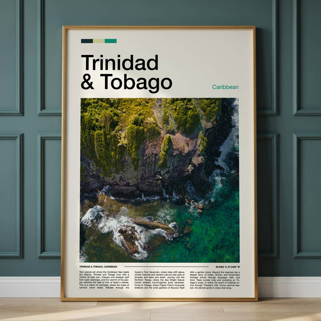 Trinidad & Tobago Rainforest Coastline Aerial Travel Print framed on the wall of a calm, neutral bedroom